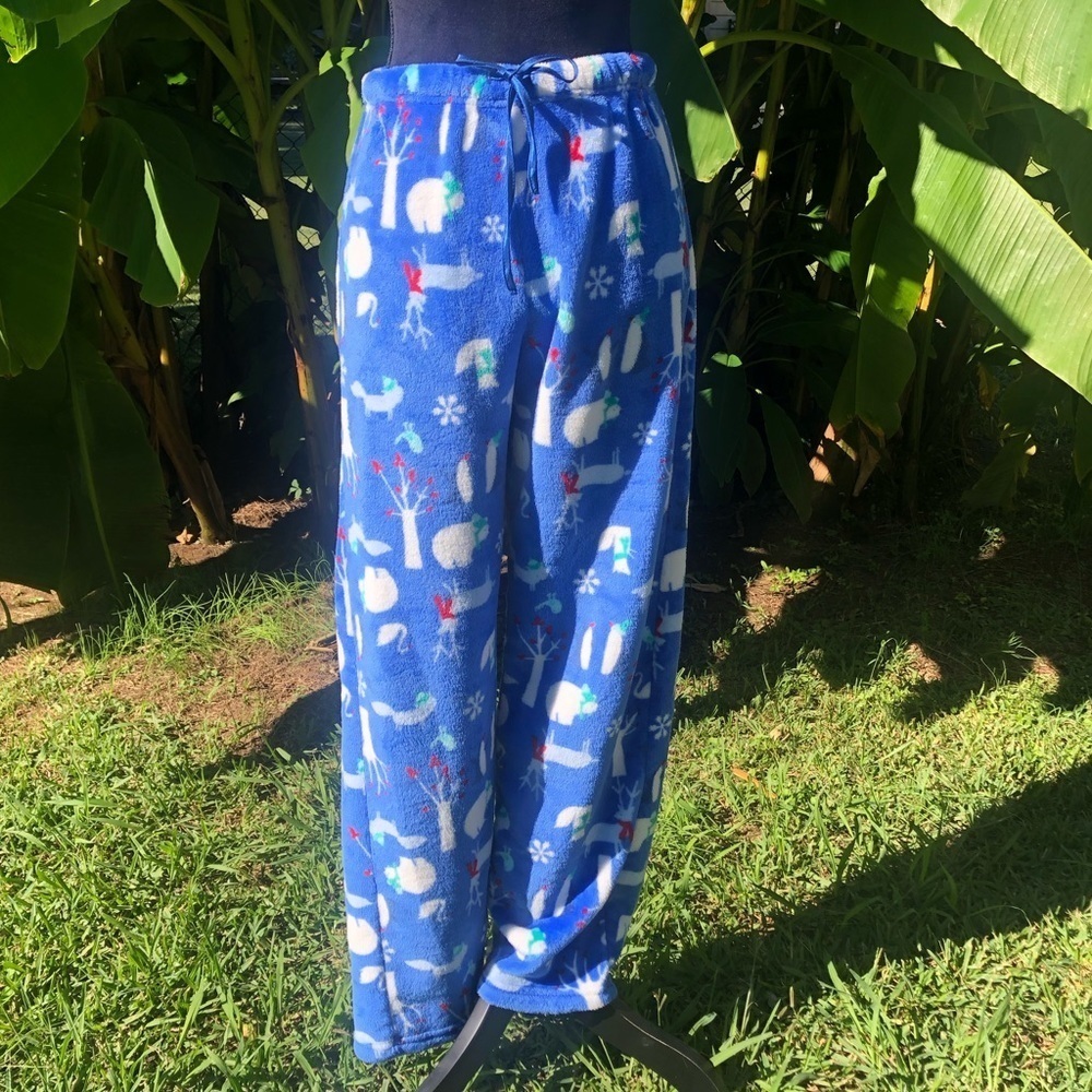 Noire Jasmine Rose Plush Blue Reindeer Drawstring Pajama Pants